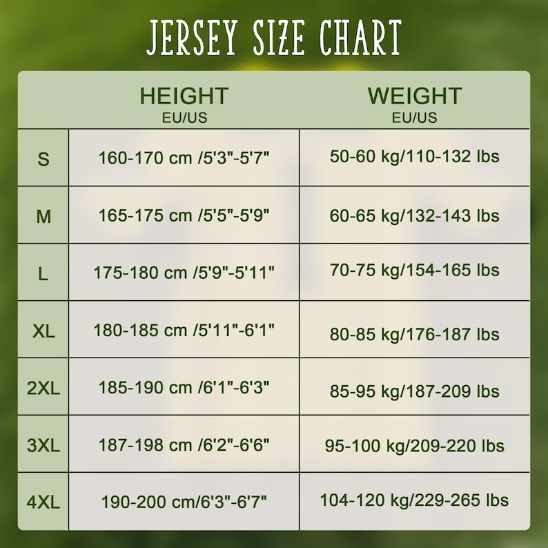 Pode incluir: Uma tabela de tamanhos de camisola verde-clara com o t&iacute;tulo JERSEY SIZE CHART. A tabela lista tamanhos de S a 4XL, fornecendo intervalos de altura em cm e p&eacute;s/polegadas, e intervalos de peso em kg e libras para cada tamanho em linhas.