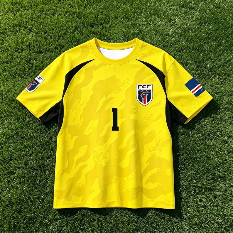 Pode incluir: Uma camisola desportiva de manga curta em amarelo brilhante com um padr&atilde;o de camuflagem tonal subtil, pain&eacute;is laterais pretos e o n&uacute;mero 1 impresso a preto no peito. O emblema da FCF est&aacute; no peito esquerdo e um emblema na manga direita.