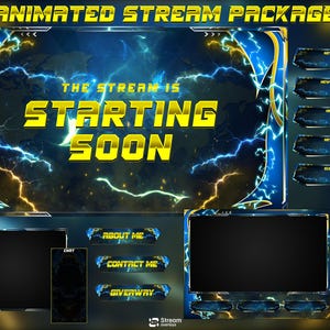 May include: Animated stream package with a blue and gold lightning theme. The text "The Stream Is Starting Soon" is prominently displayed. Includes panels for chat, about me, contact, giveaway, and more.