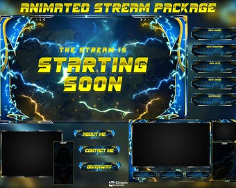 Energie Twitch Overlay | Blitz Paket | Elektrisch Animierte Szenen, Blau Gelb Power Streams, TwitchAlerts, Start bald, Panels