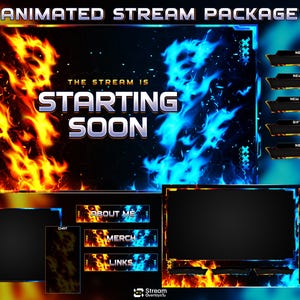 Op de afbeelding: Een geanimeerd stream-pakket met een vuur- en ijsthema in oranje, geel en blauw. Het hoofdscherm toont de tekst "THE STREAM IS STARTING SOON" in dikke witte letters. Bevat diverse overlay-panelen voor chat, meldingen en verschillende knoppen.