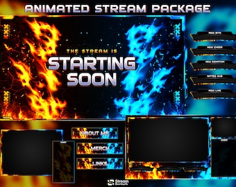Fire and Ice Stream-Overlay-Paket, Rot-Blaues Flammen-Twitch-Overlay, Feurige & Frostige Bildschirme, Demnächst verfügbar, Panels, vTuber-Streaming, OBS