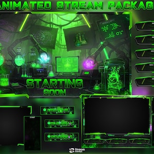 May include: Animated stream package with a neon green and black laboratory theme. The design includes various streaming overlays, a "Starting Soon" screen, and panels for alerts. The graphics feature glowing beakers, scientific equipment, and a futuristic aesthetic.