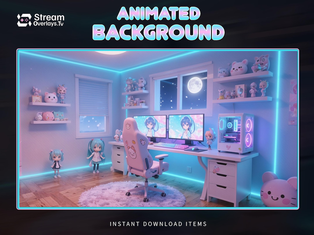 Kawaii Anime Gaming Room Animated Background Screen, Pastel Cute Setup ...