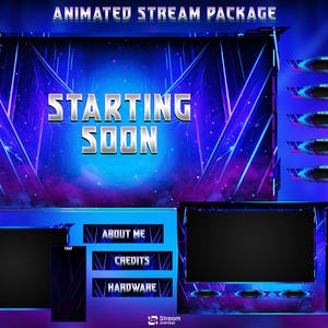 May include: Animated stream package in blue and purple. The main screen reads "STARTING SOON" in silver text. Includes overlays for chat, alerts, and information, with text like "ABOUT ME" and "HARDWARE".