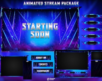 Animiertes Mecha Twitch Overlay, Futuristisches Sci-Fi Stream Paket, High-Tech Cyber Set für OBS, Cyber Shield Animierter Stream Lila & Blau