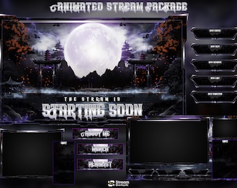 Japanisches Torii-Twitch-Overlay-Paket, Lila Samurai Anime-Stream-Overlays, Donnermond startet bald, Panels, Benachrichtigungen, VTuber-Streaming