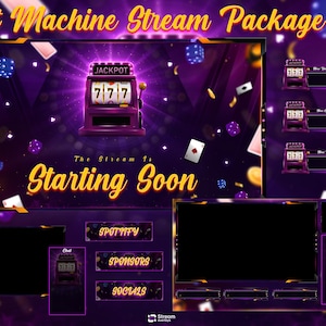 Peut inclure: Un ensemble de superposition de streaming numérique sur le thème des machines à sous. Le design présente une palette de couleurs violet et or, avec des éléments tels que des dés, des cartes à jouer et des pièces. Le texte comprend "Slot Machine Stream Package" et "Starting Soon."
