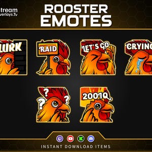 May include: A set of six digital rooster emotes featuring an orange and red chicken character. The emotes include text labels reading LURK, RAID, LET'S GO, CRYING, and 2001Q, along with question marks. Each graphic has a bold outline and expressive face.