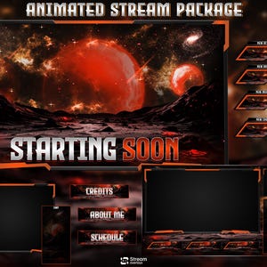 以下が含まれることがあります： 宇宙をテーマにしたアニメーションストリームパッケージ。メインディスプレイには、燃えるような赤い惑星と岩だらけの風景が表示されています。「STARTING SOON」の文字が大きく表示されています。「Credits」、「About Me」、「Schedule」などの追加パネルがあります。