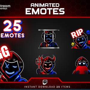 May include: Digital graphic of animated emotes for streaming. The image shows various character designs with glowing eyes and hoods, alongside the text "25 EMOTES" and "GG". The colour scheme is red, blue, and black.