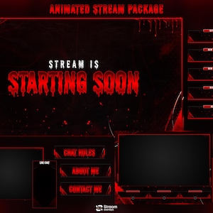 May include: A digital animated stream package with a dark red and black theme. The text "STREAM IS STARTING SOON" is prominently displayed. Additional elements include chat boxes, and labels such as "CHAT RULES" and "ABOUT ME".