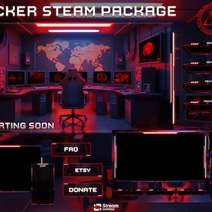 May include: A digital overlay package with a hacker theme. The image features a computer command center with multiple monitors, a world map, and the text "HACKER STEAM PACKAGE" and "STARTING SOON". Includes buttons for FAQ, Etsy, and Donate.
