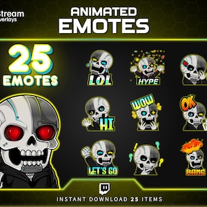 May include: A set of 25 animated emotes featuring a skull character with a robotic half-face. The emotes display various expressions and phrases like "LOL", "HYPE", and "OK". The text "ANIMATED EMOTES" and "25 EMOTES" are also visible.