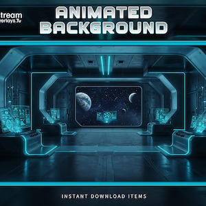 Puede incluir: Una escena interior futurista con el texto "ANIMATED BACKGROUND" en letras plateadas. La imagen presenta un interior de nave espacial con acentos azules brillantes, pantallas de ordenador y una vista de planetas y lunas. El texto "INSTANT DOWNLOAD ITEMS" está en la parte inferior.