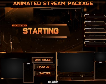 Futuristisches orangefarbenes Stream-Overlay-Paket, Cyberpunk-Tech-Twitch-Overlay-Paket, OBS, HUD-Bildschirm, elegante "Demnächst verfügbar"-Panels, vTuber-Assets