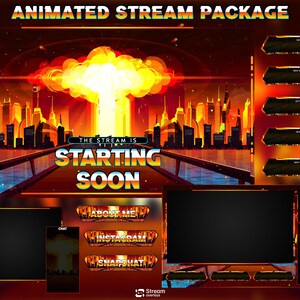 May include: Animated stream package with a cityscape background in shades of orange and yellow. The text "The Stream Is Starting Soon" is displayed prominently. Includes overlay elements for chat, social media, and new subscriber alerts.