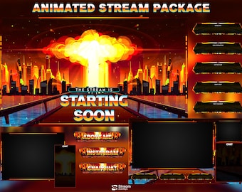 Atomic Explosion Stream Paket, Nuclean Blast Twitch Overlay, Cyberpunk City Fire Overlays, Dystopian Stream Apocalypse City OBS Streamlabs
