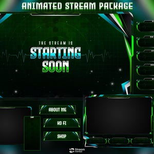 Könnte beinhalten: Animiertes Stream-Paket mit einem dunkelgrünen und schwarzen Thema. Der Hauptbildschirm zeigt "The Stream Is Starting Soon" in einer lebendigen, farbverlaufenden Schriftart. Zusätzliche Panels umfassen Schaltflächen für "About Me", "Ko Fi" und "Shop" sowie Chat- und Alert-Boxen.