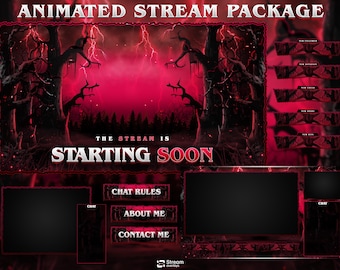 Spooky Forest Gothic Stream Overlay, Dark Horror Twitch Overlays | Red Lightning Scary Forest Stream Leinwände, Horror Game Stream Paket