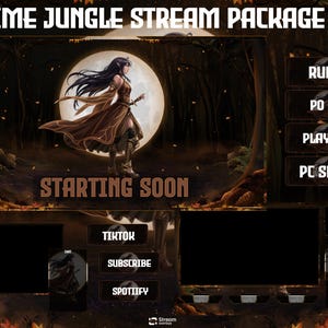 Puede incluir: Paquete de transmisión Anime Jungle con un tema de bosque. El diseño presenta un personaje de anime con un vestido fluido contra una luna llena. Incluye el texto "Starting Soon", "Rules", "PO BOX", "Playlist", "PC Specs", "TikTok", "Subscribe" y "Spotify".