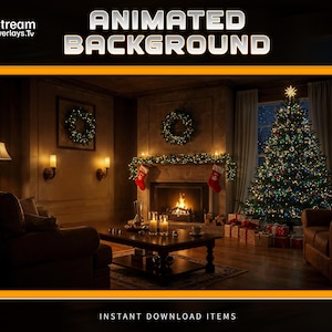 暖かくて居心地の良いクリスマスの部屋のアニメーションの背景スクリーン | 詳細な暖炉と木のテーマ。まもなく開始、BRB、オフライン、まもなく終了するホリデーテーマ