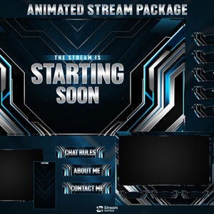 Könnte beinhalten: Ein animiertes Stream-Paket mit futuristischem Design. Die Hauptgrafik zeigt den Text "The Stream Is Starting Soon" in Silber. Zusätzliche Elemente sind Overlay-Panels für Chat-Regeln, Über mich und Kontaktinformationen, alles in einem Blau-Silber-Farbschema.