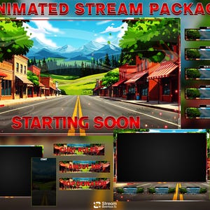 アニメーション付きネイチャータウンTwitchオーバーレイ | 美しい風景ストリームパッケージ | OBSストリームオーバーレイキット | 素朴な村のテーマ | ストリームパネルパック