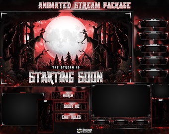 Animiertes Horror-Wald-Twitch-Overlay-Paket, Gothic-Red-Moon-Stream-Overlay-Paket, Crimson-Feuerwolken-„Demnächst“-Panels, Benachrichtigungen, Kamera