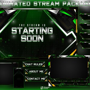Könnte beinhalten: Ein animiertes Stream-Paket mit einem grünen, schwarzen und silbernen Design. Der Hauptbildschirm zeigt "THE STREAM IS STARTING SOON." Zusätzliche Panels sind "NEW MERCH", "NEW DONATION", "NEW CHEER" und "NEW BITS". Weitere Panels sind "CHAT RULES", "ABOUT ME" und "CONTACT ME".