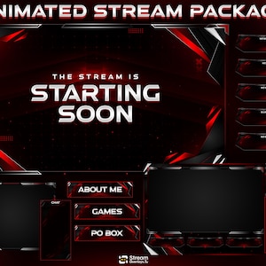 May include: An animated stream package with a dark red and black theme. The text "The Stream Is Starting Soon" is prominently displayed. Additional elements include chat boxes, buttons labeled "About Me," "Games," and "PO Box," and various overlay components.