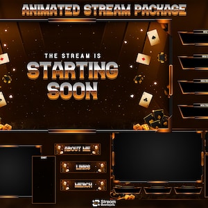 Pack d'overlays Gold Casino Stream | Overlay Twitch animé pour jeu de cartes | Jetons de poker de luxe bientôt disponibles, panneaux pour club de jeux
