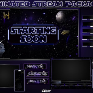 May include: Animated stream package with a space theme. The design features a dark purple and black background with space ships, planets, and the text "STARTING SOON" in a neon blue font. Includes chat boxes and other stream elements.