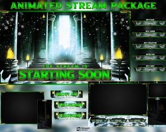 Winterschloss Stream Overlay, Mystischer Tempel Twitch Overlay | Grüne Fantasy-Ruinen-Schirme | Magic Throne Startet bald, Warnungen Panels OBS Kick
