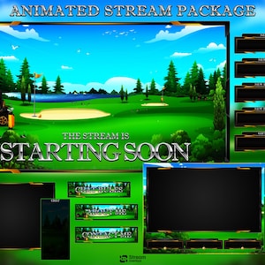 May include: An animated stream package with a golf course theme. The main screen displays a golf cart, a sand trap, and the text "THE STREAM IS STARTING SOON." Additional screens and overlays are included for alerts and chat.