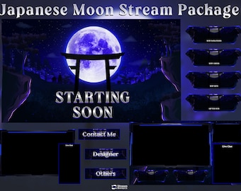 Animiertes Blue Moon Stream-Overlay-Paket, Japanisches Torii-Twitch-Overlay-Paket, Sterne starten bald, Panels, Benachrichtigungen, VTuber-Streaming