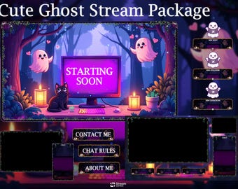 Niedliches Dschungel Geisterbach Overlays Pack | Animierte Katzen Zauberer Wald Twitch Overlay, süße Bäume Theme OBS Stream Paket, Panels