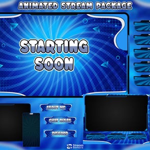 Könnte beinhalten: Ein animiertes Stream-Paket in Blau und Weiß. Der Hauptgrafiktext lautet "STARTING SOON" in weißen Buchstaben. Enthält Chat-Boxen, Statusleisten und Social-Media-Buttons. Modernes, digitales Design, ideal für Streaming.