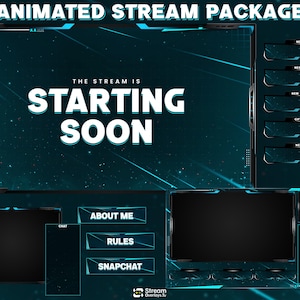 Könnte beinhalten: Animiertes Stream-Paket in Türkis und Schwarz. Der zentrale Text lautet „Der Stream beginnt bald“. Zusätzliche Panels sind mit „Über mich“, „Regeln“ und „Snapchat“ beschriftet. Enthält Panels für Stream-Benachrichtigungen.