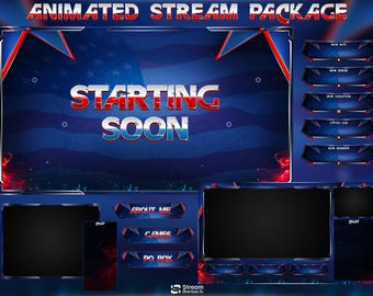 Amerikanische Flagge Twitch Overlays Pack | Vaterhaftes USA Stream Overlay Paket | Ab bald, Widgets, Panels, vtuber, Tracking Pack, Ressourcen