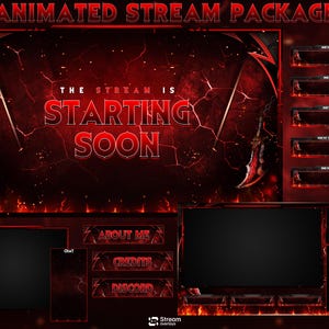 Può includere: Pacchetto stream animato con un tema rosso e nero infuocato. Il testo "THE STREAM IS STARTING SOON" è ben visibile. Include sezioni per chat, informazioni, crediti e Discord, con pannelli aggiuntivi per gli avvisi.
