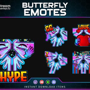 Könnte beinhalten: Ein Set digitaler Schmetterlings-Emotes in leuchtenden Rosa-, Blau- und Violetttönen. Die Sammlung enthält fünf verschiedene Designs mit Textbeschriftungen wie HYPE, GG und LOVE sowie Symbole, die Schlaf- und Musikthemen darstellen.