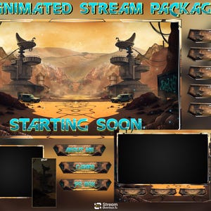 May include: An animated stream package with a desert landscape background. The package includes various overlay elements such as chat boxes, labels, and a main display area. Text includes "Animated Stream Package" and "Starting Soon."
