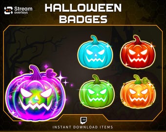 May include: Halloween badges featuring colorful jack-o'-lantern designs. The pumpkins are in shades of blue, red, green, and orange, with glowing faces and stems. The text "HALLOWEEN BADGES" is at the top, and "INSTANT DOWNLOAD ITEMS" is at the bottom.