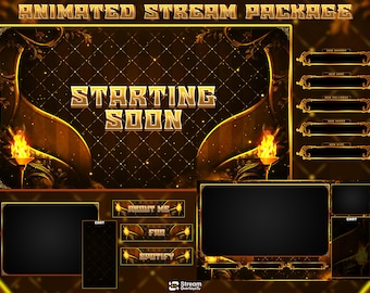 Goldenes mittelalterliches Twitch-Overlay-Paket, animiertes königliches Stream-Overlay-Set, Feuerbildschirm, "Demnächst verfügbar"-Panels, vTuber-Assets, OBS, Kamera, Benachrichtigungen