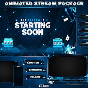 Peut inclure: Un pack de streaming animé sur le thème du casino bleu foncé avec le texte THE STREAM IS STARTING SOON, des machines à sous avec des symboles 777, des cartes à jouer et divers cadres de superposition pour le chat, la webcam et les alertes.