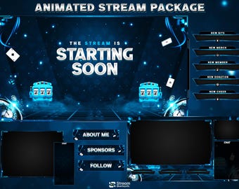 Twitch-Overlay-Paket „Blauer Spielautomat“, Casino-Stream-Overlays, Glücksspielbildschirme, Pokerchips, Roulette-Spiel, Pokerkarten, OBS