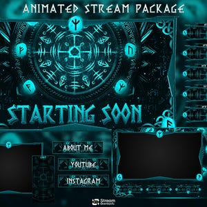 Geanimeerd Viking Stream Overlay Pakket, Noorse Runen Twitch Overlay Pakket, Middeleeuwse Streaming, Widgets, Panelen, vtuber, Ridder, Assets, OBS