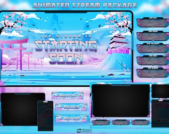 Japanisches Kawaii Natur Twitch Overlay Pack, Sakura Cherry Blossom Anime Stream Overlays, Lofi Aesthetic Gemütlicher Bergsee Pastell Zen Gaming