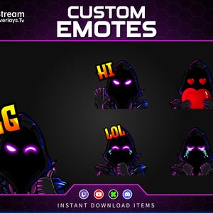 May include: Digital art graphic of custom emotes featuring a dark hooded figure with glowing purple eyes. The emotes display various expressions and text, including "GG", "Hi", and "LOL". The background is black with a purple border and the text "CUSTOM EMOTES".